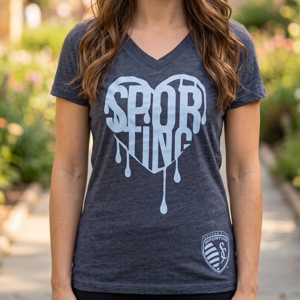 Adidas Sporting Kansas City MLS V-Neck Graphic T-Shirt Charcoal Heather L